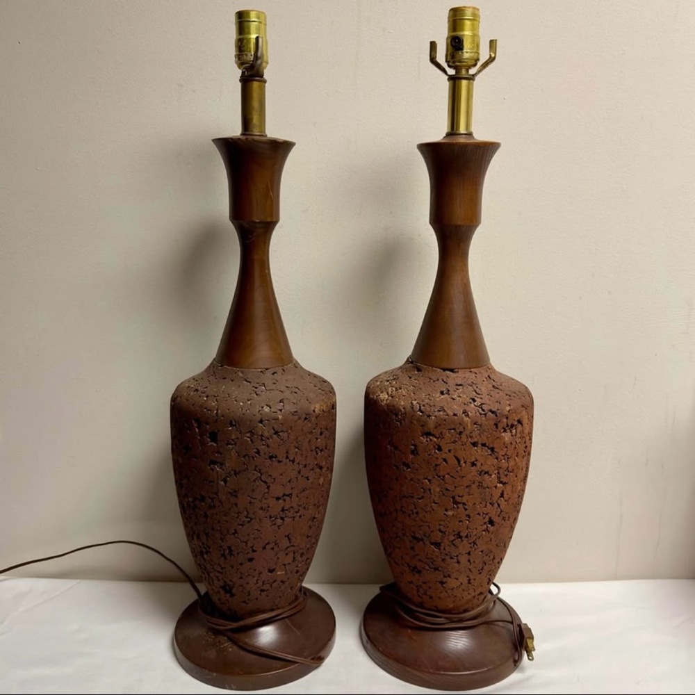 Mid Century Brown Cork and Walnut Lamps-A Pair